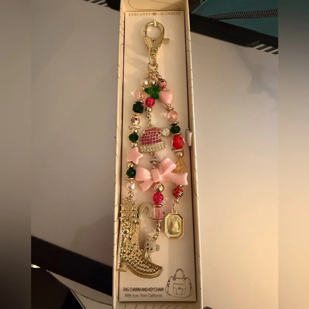 Gold Charm Bracelet with Pink Bow and Bear